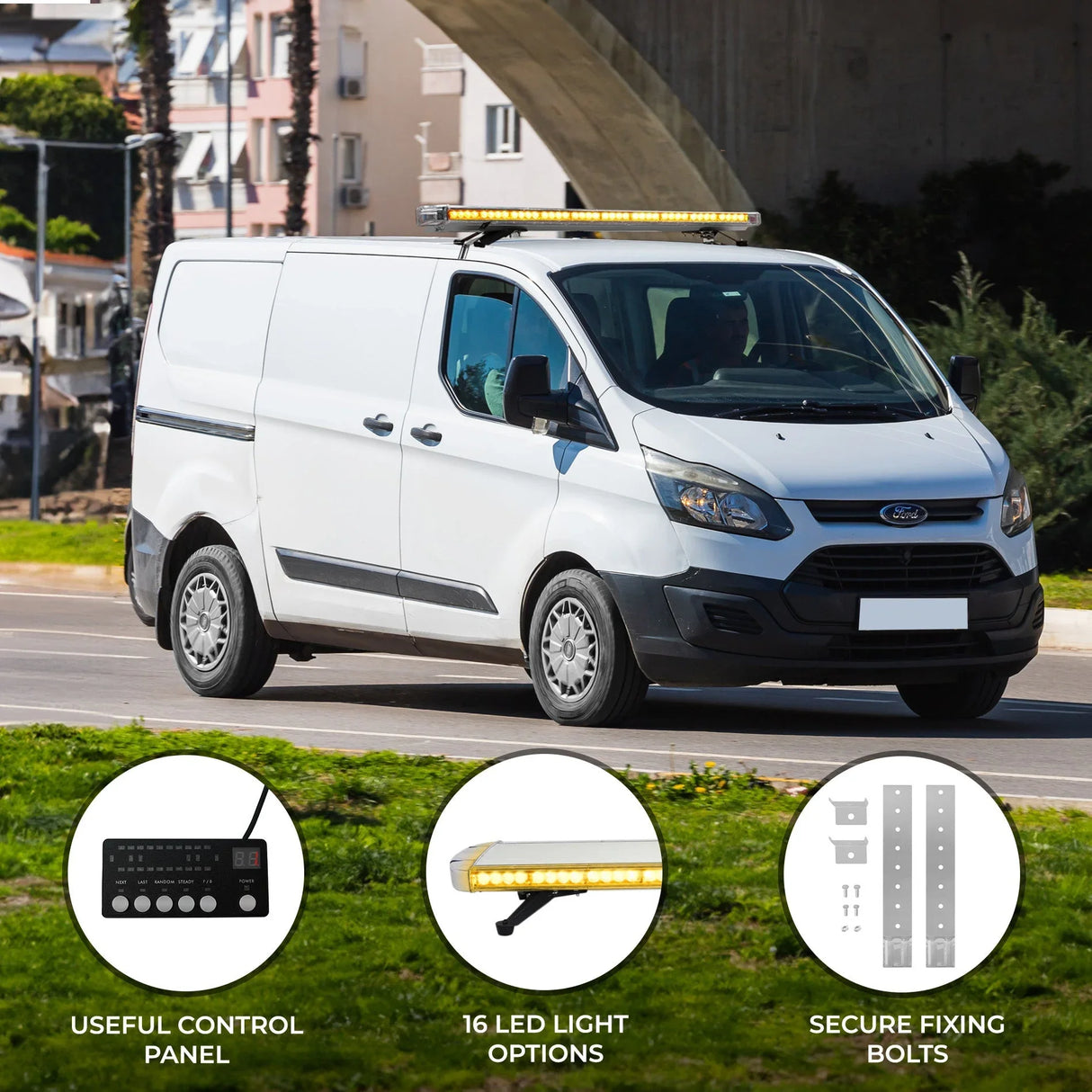 Amber Recovery Light 1200mm features a control panel, 16 LED light options, and secure fixing bolts, mounted on a white van outdoors
