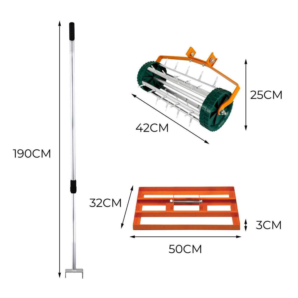 50cm lawn leveller and aerator in vibrant orange, featuring a sturdy metal frame, sharp tines, and a long handle for easy use