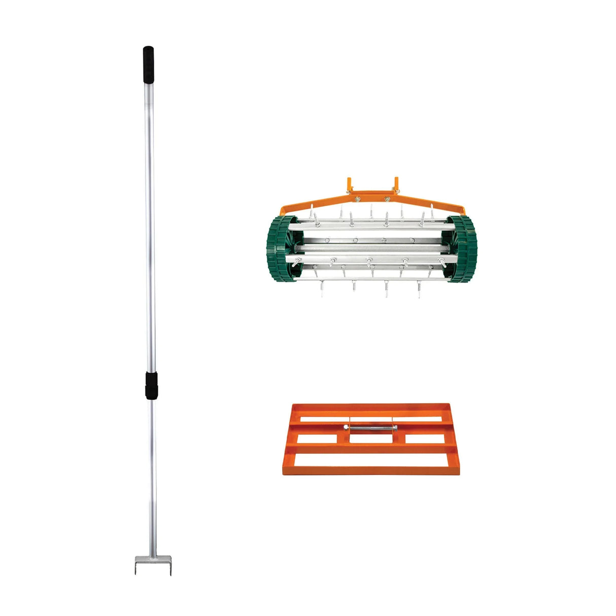 50cm orange lawn leveller and aerator with a sturdy aluminum handle, featuring a durable metal head and green aeration spikes