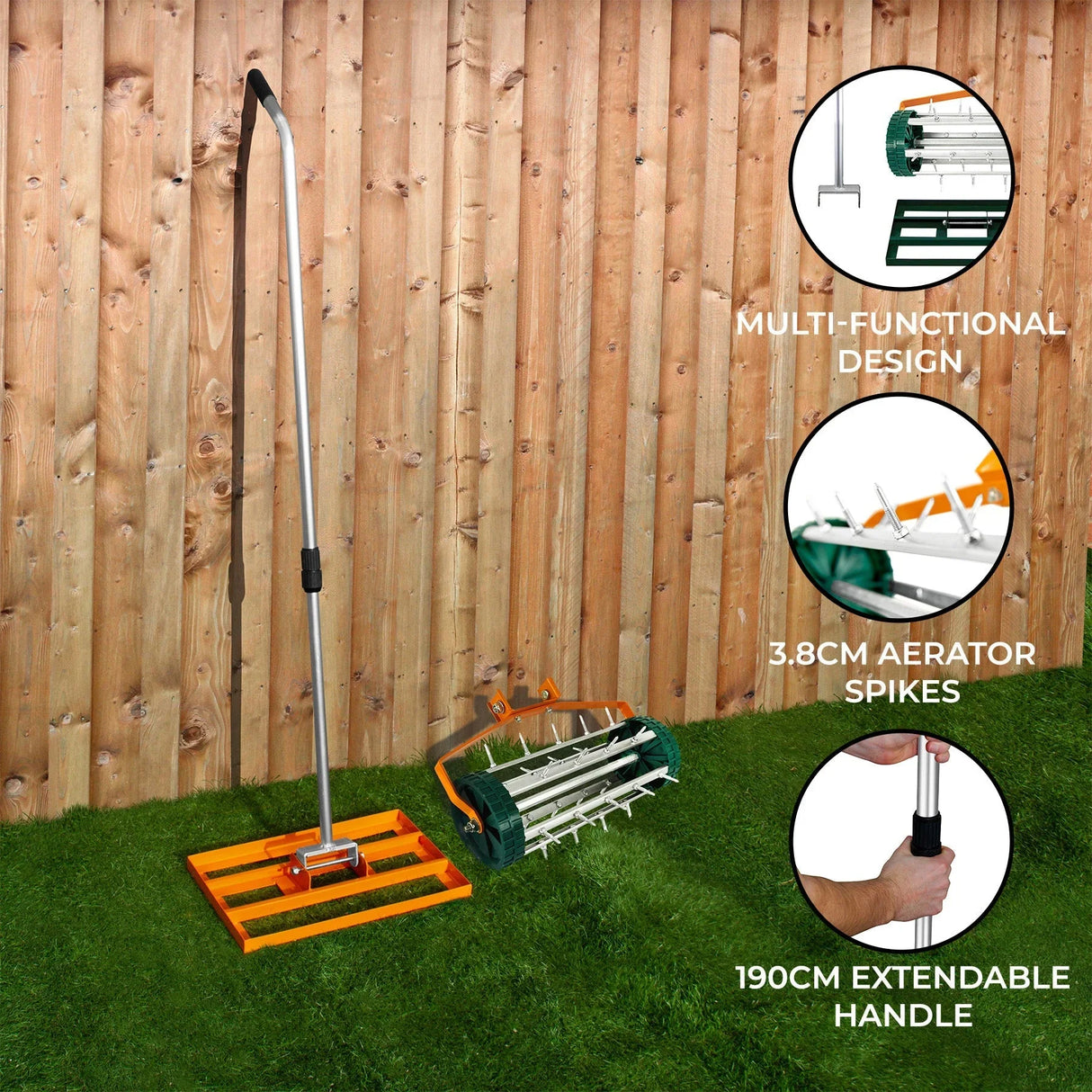 50cm lawn leveller and aerator in vibrant orange, featuring a sturdy metal frame, extendable handle, and aerator spikes for effective lawn care