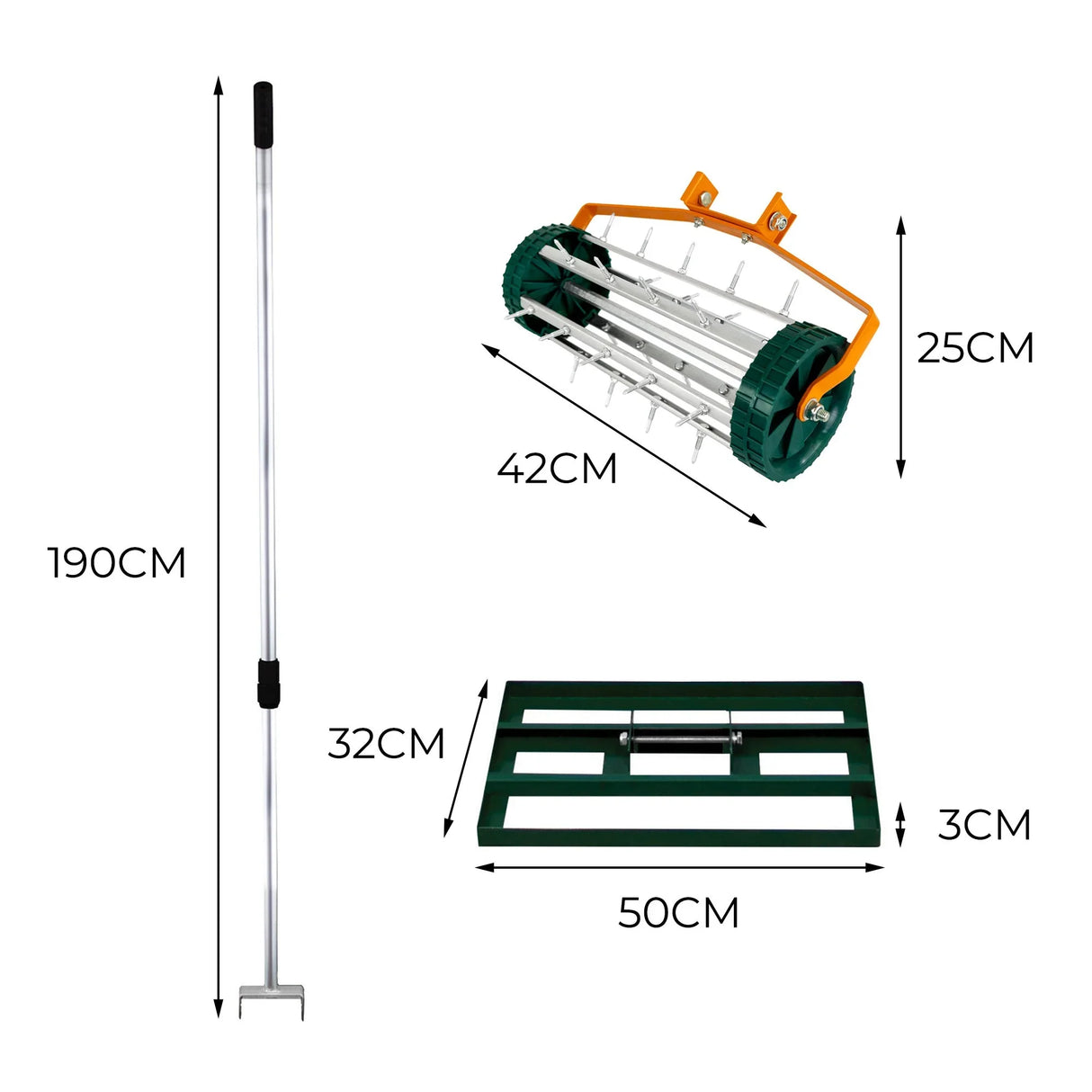 50cm green lawn leveller and aerator with a sturdy metal handle, textured roller, and durable wheels for easy lawn maintenance