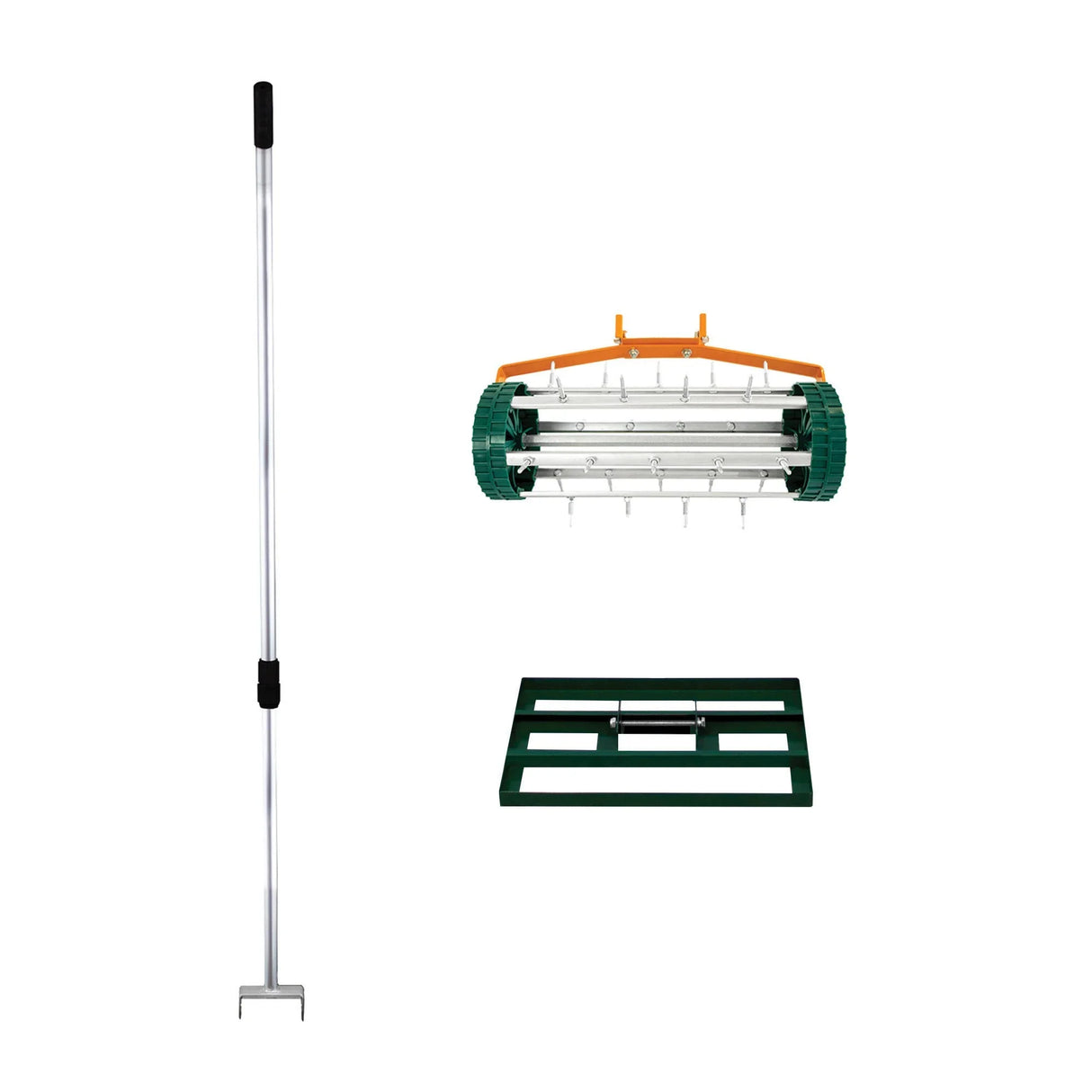 50cm green lawn leveller and aerator with durable metal frame, sharp spikes, and ergonomic handle for easy lawn maintenance