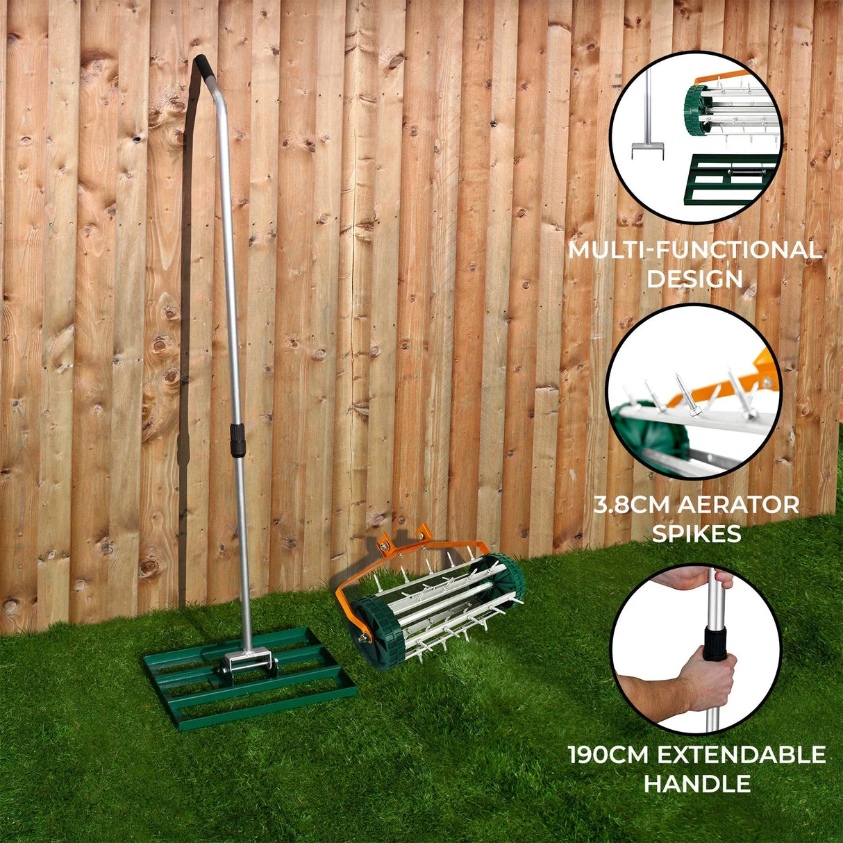 50cm green lawn leveller and aerator with 3.8cm spikes, featuring a sturdy extendable handle for easy use on grass surfaces