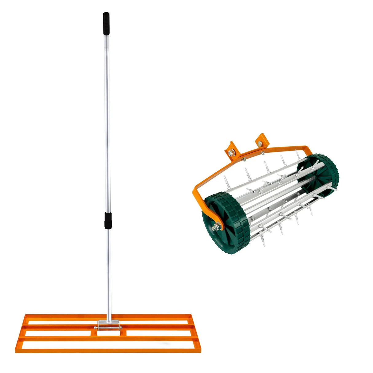 100cm lawn leveller and aerator in orange with a sturdy handle and metal spikes for effective soil aeration and leveling