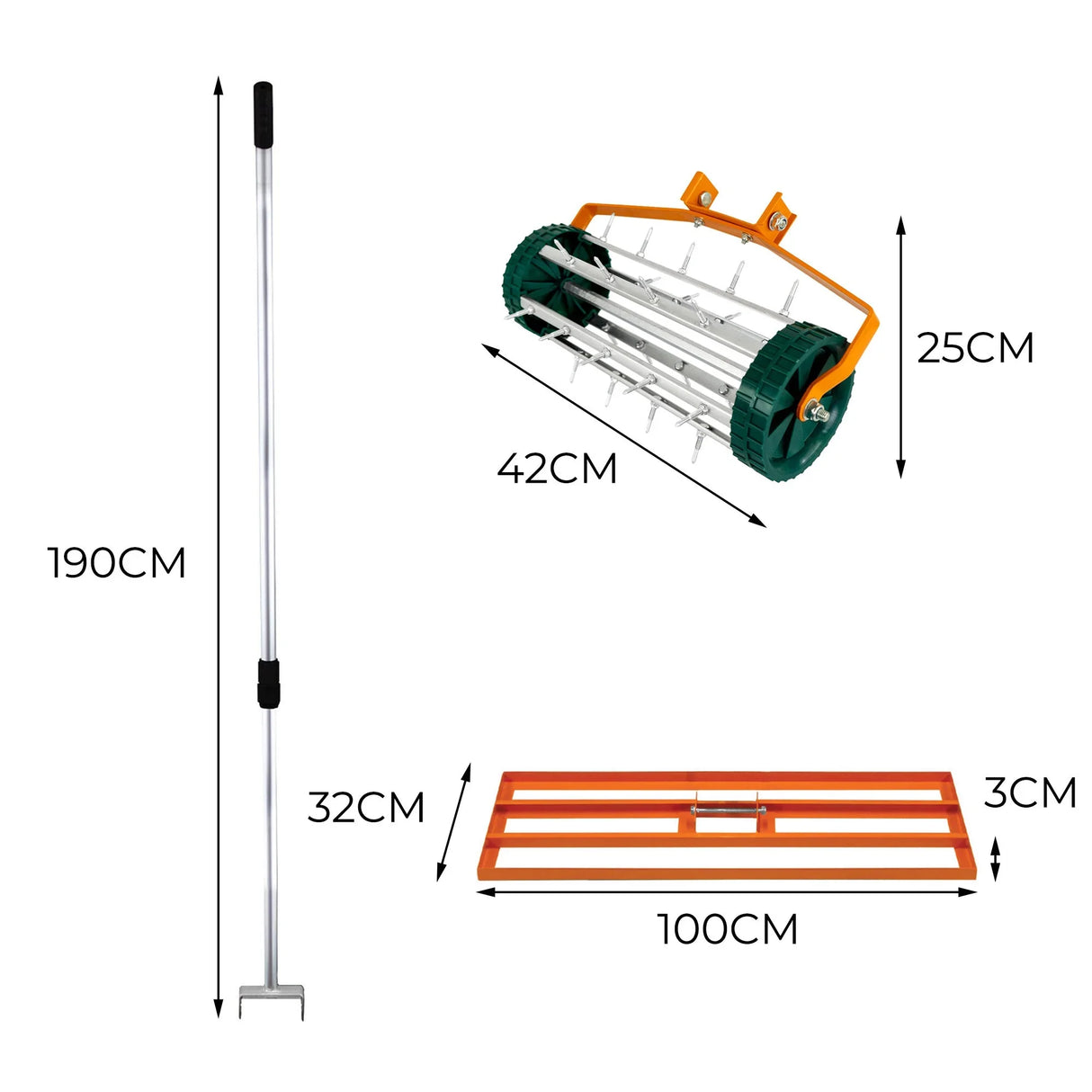 100cm lawn leveller and aerator in orange, featuring a sturdy metal frame, textured roller, and adjustable handle for...