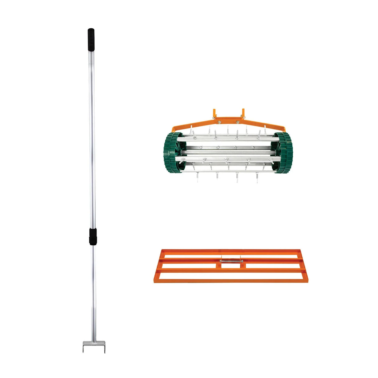100cm lawn leveller and aerator with orange frame, green rollers, and sturdy metal handle for effective lawn care