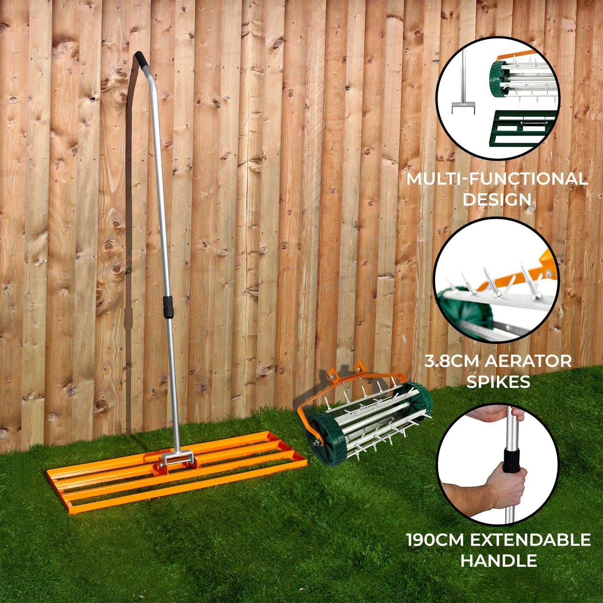 100cm lawn leveller and aerator in orange with extendable handle, featuring aerator spikes and sturdy design against...