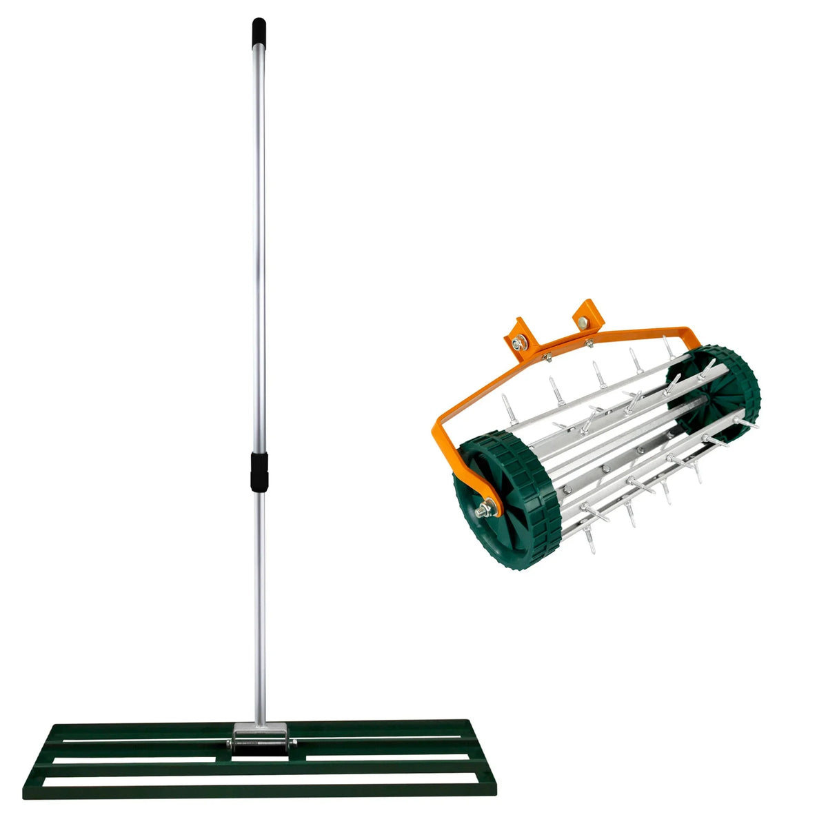 100cm green lawn leveller and aerator with metal spikes, sturdy handle, and durable design for effective lawn care