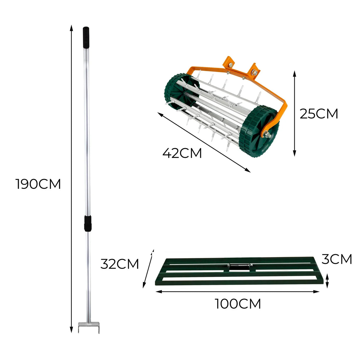 100cm green lawn leveller and aerator with a sturdy metal handle, roller, and spikes for effective lawn care and aeration