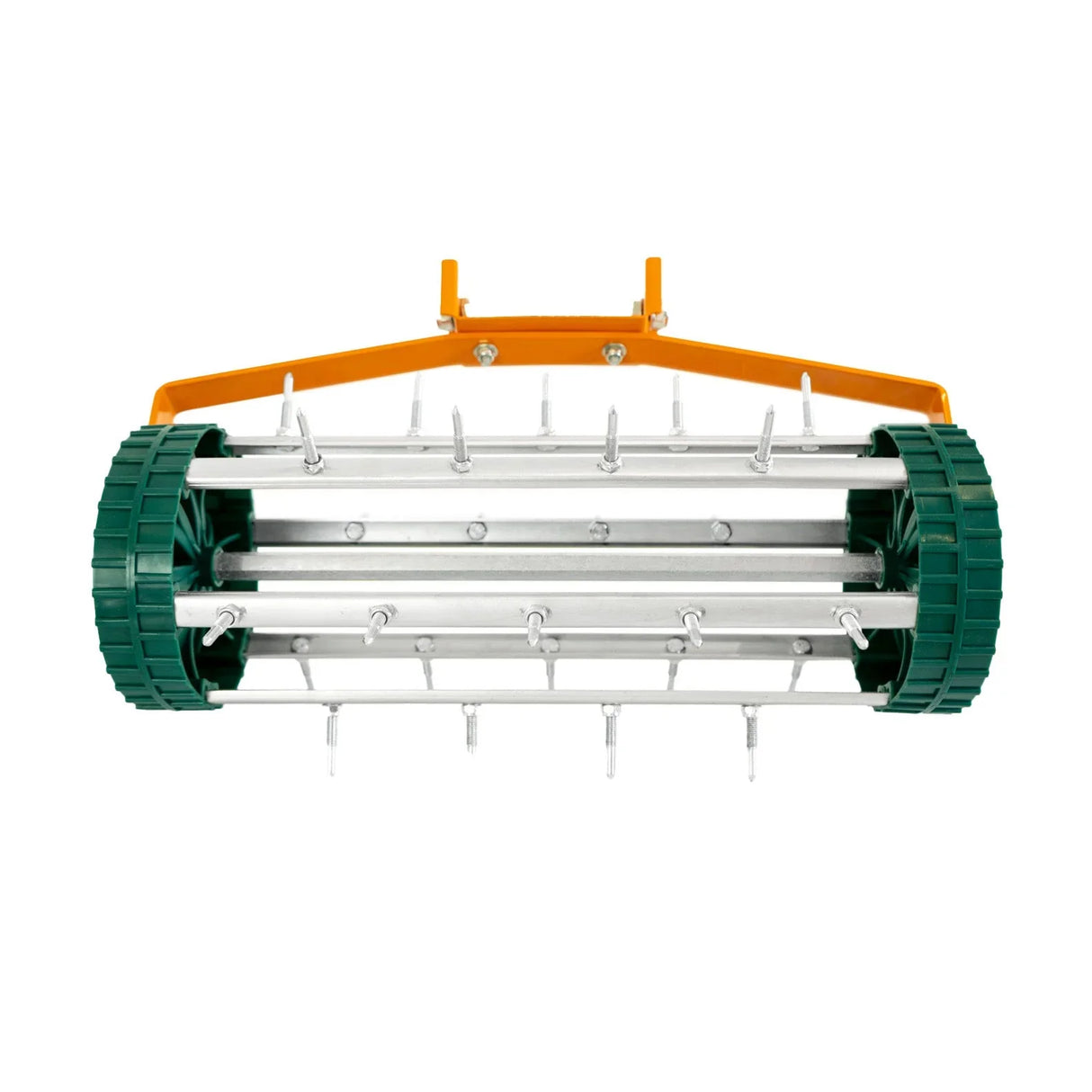 100cm green lawn leveller and aerator with sturdy metal frame, textured wheels, and sharp spikes for effective soil aeration