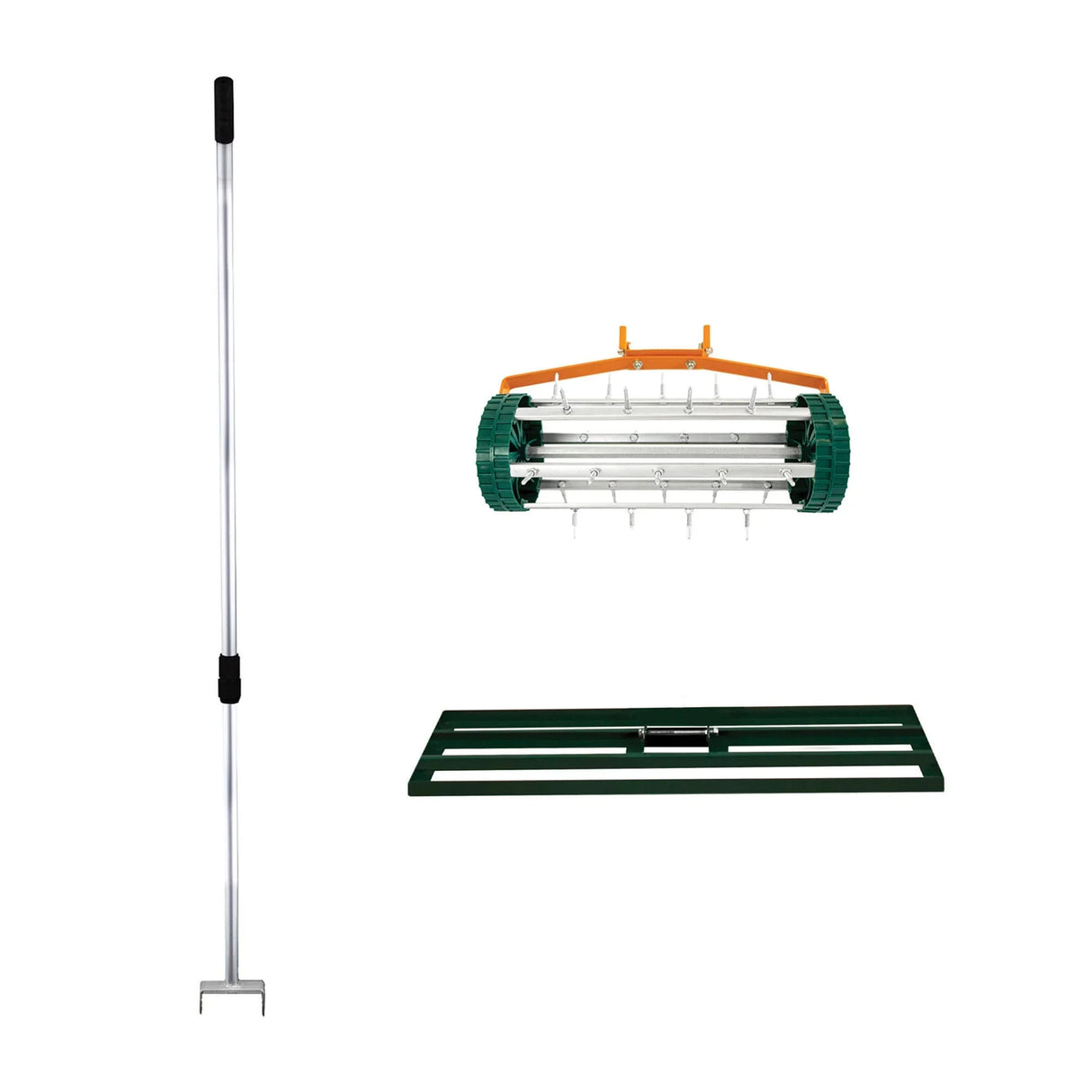 100cm green lawn leveller and aerator with sturdy metal handle, textured roller, and adjustable aeration spikes for...