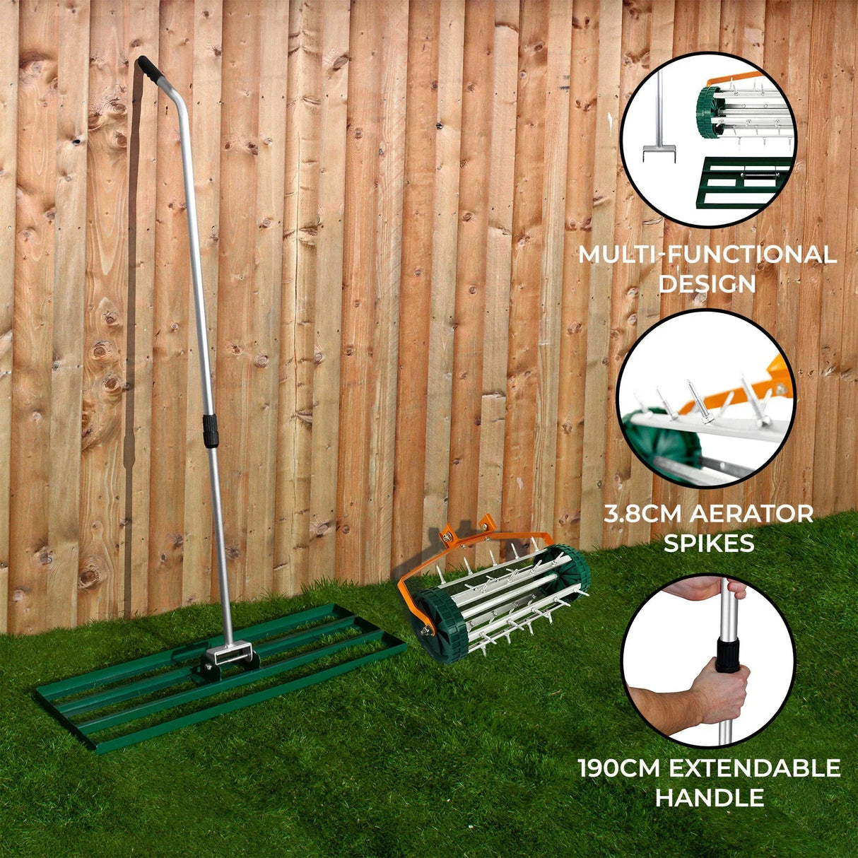 100cm green lawn leveller and aerator with 3.8cm spikes, extendable handle, and multi-functional design for easy lawn care