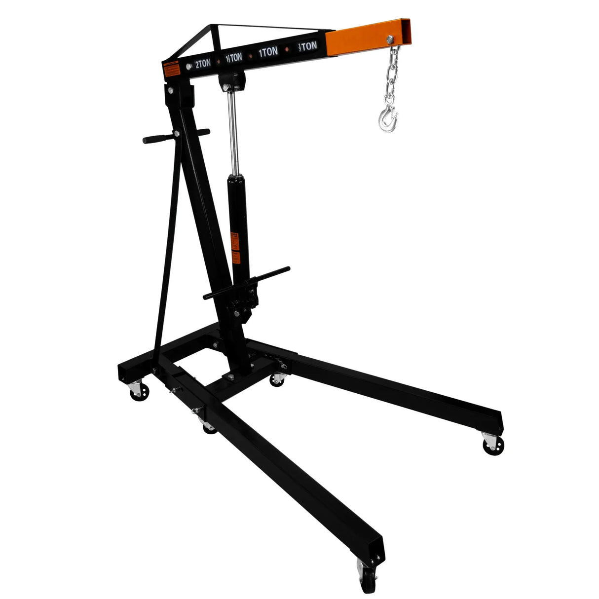 Hydraulic engine crane with a sturdy black frame, adjustable arm, and wheels for mobility, designed to lift up to 2 tonnes