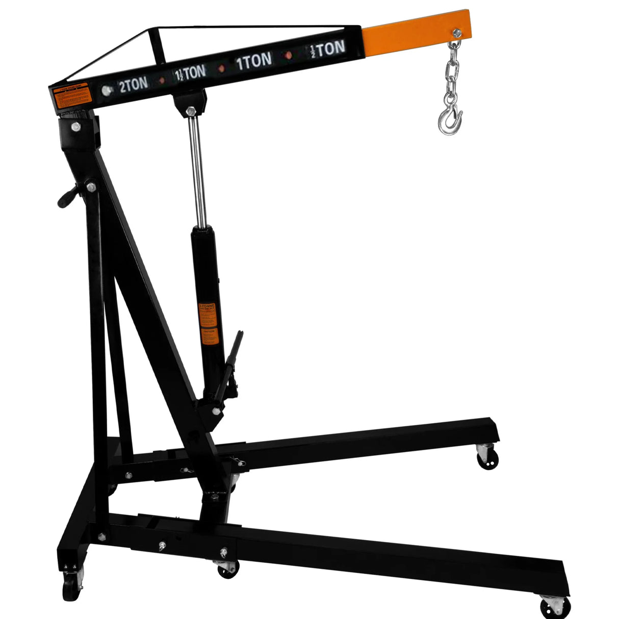 Hydraulic engine crane with a sturdy black metal frame, adjustable arm, and a 2-ton lifting capacity, featuring smooth-rolling wheels