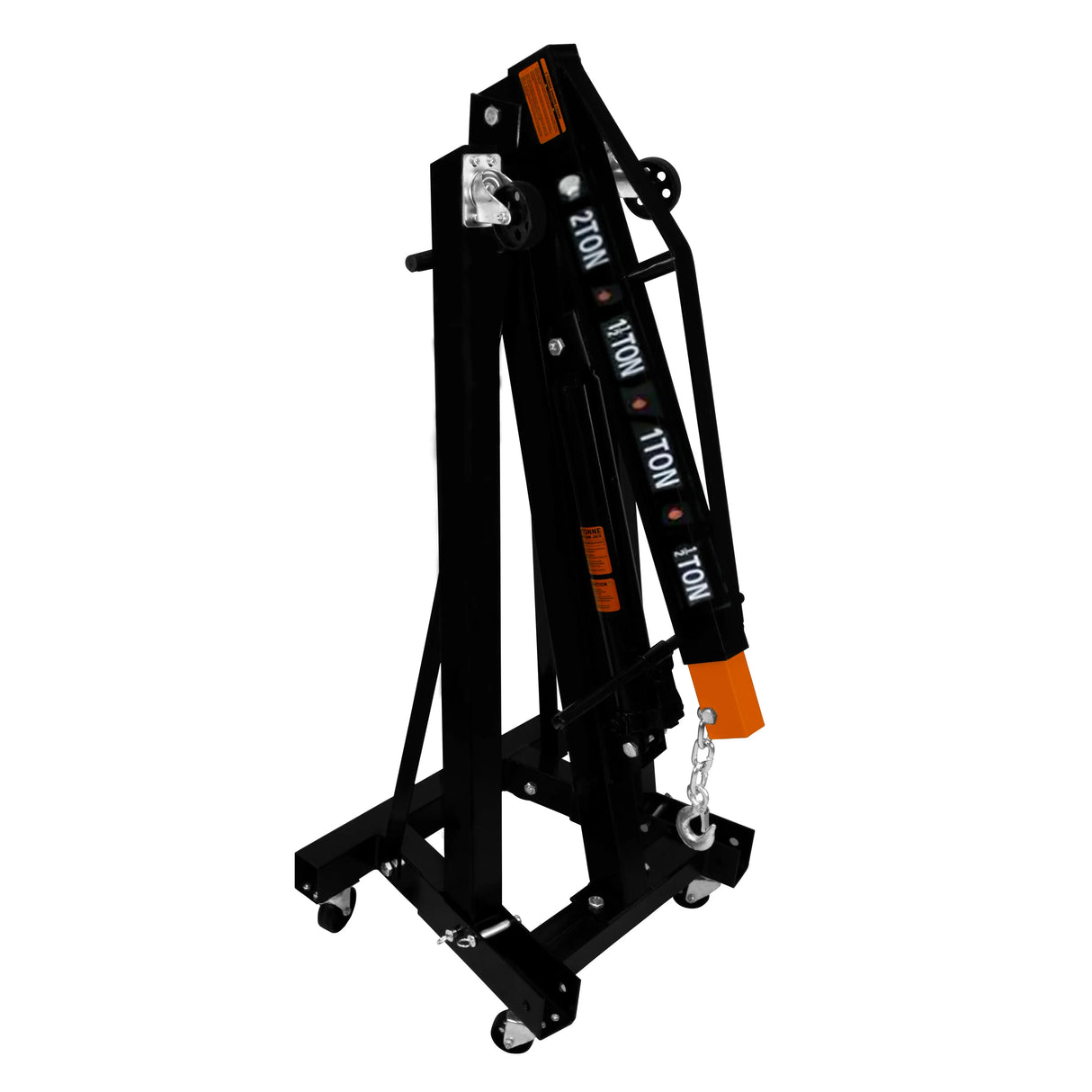 Hydraulic engine crane in black, featuring a sturdy frame, adjustable arm, and wheels for easy mobility, rated for 2 tonnes