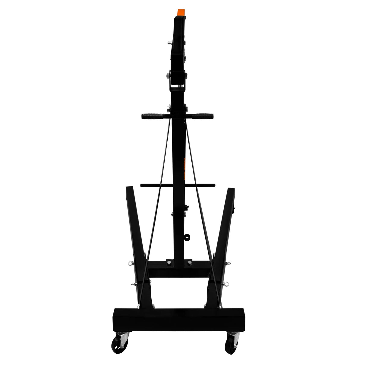 Hydraulic engine crane in black, featuring a sturdy frame, adjustable height, and wheels for easy mobility, designed for lifting up to 2 tonnes