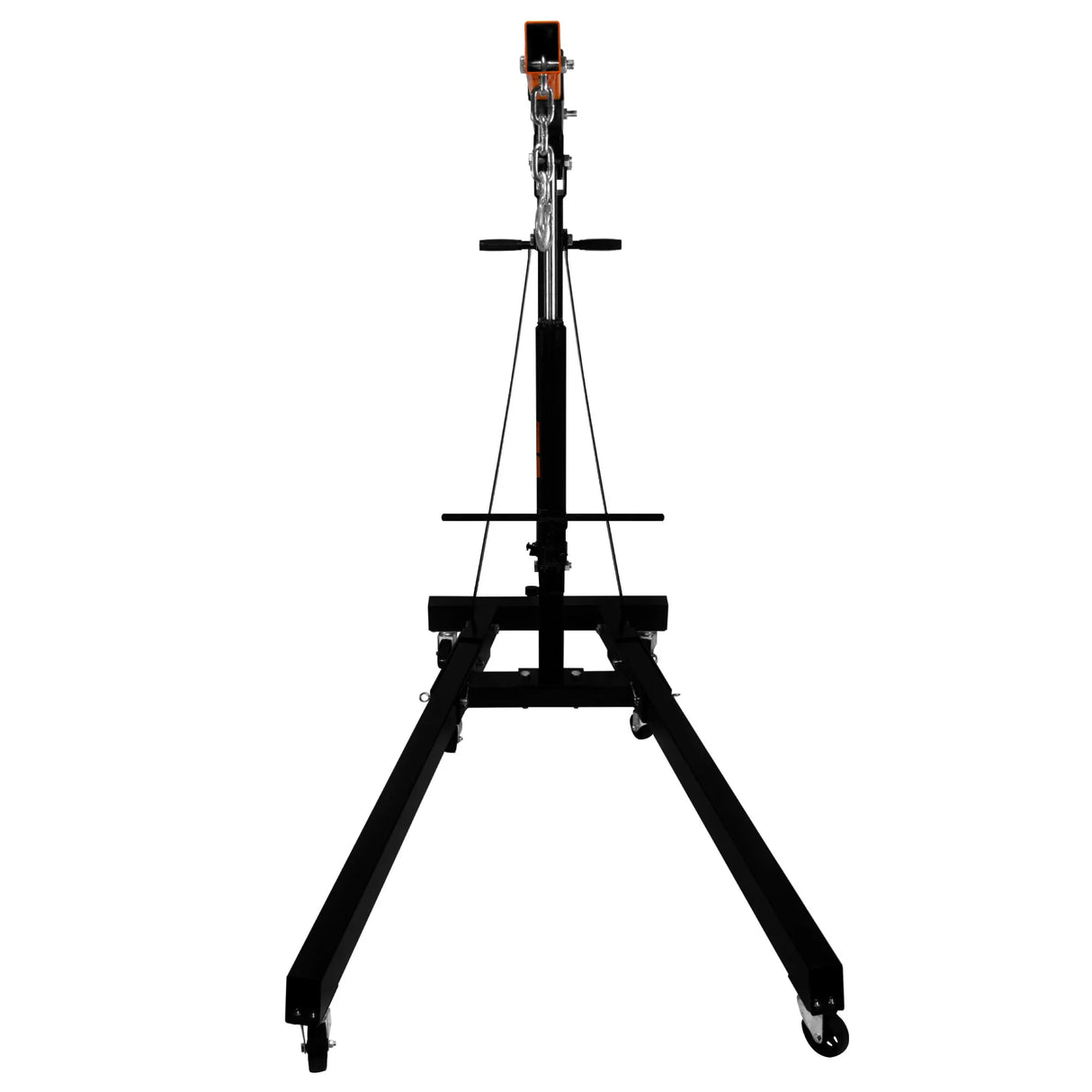 Hydraulic engine crane with a sturdy black frame, adjustable arm, and wheels for easy mobility, designed for lifting up to 2 tonnes