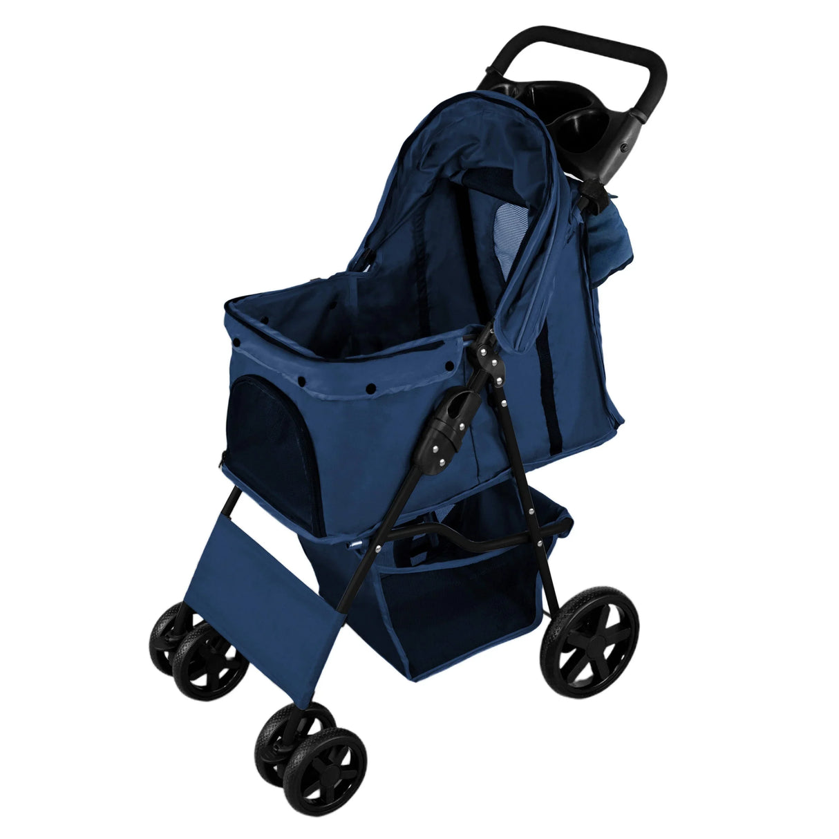 Navy blue pet stroller featuring a rain cover, spacious interior, and caddy bag for storage, designed for comfort and convenience