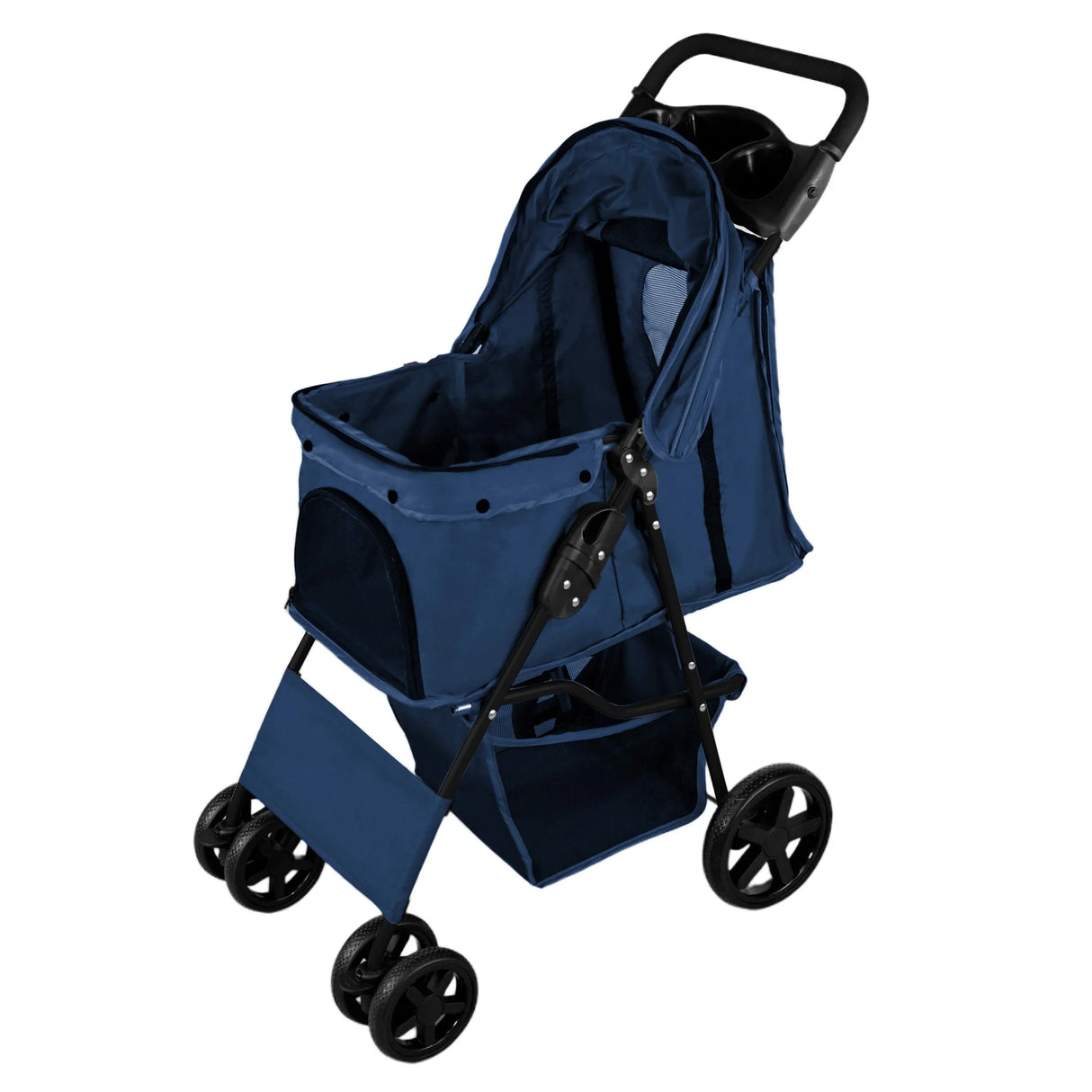 Navy blue pet stroller with a rain cover, featuring a spacious cabin, sturdy wheels, and a lower storage basket for convenience
