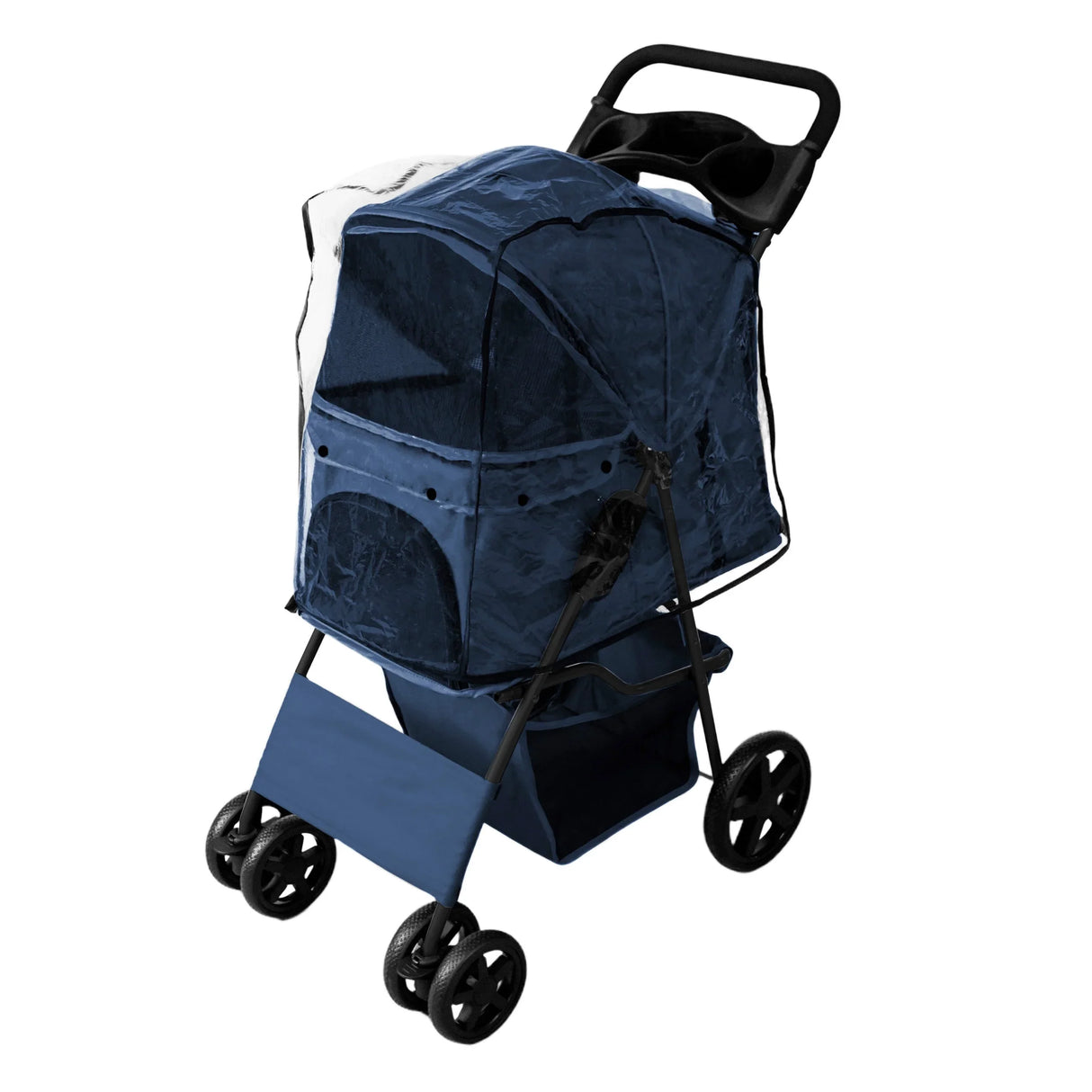 Navy blue pet stroller with a rain cover, featuring a spacious cabin, sturdy wheels, and a lower storage basket for convenience