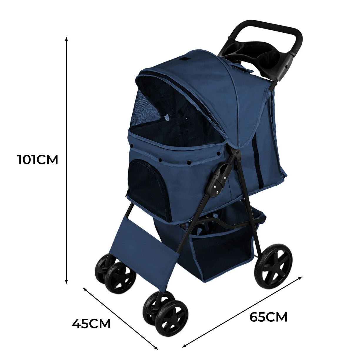 Navy blue pet stroller with rain cover, featuring a spacious cabin, mesh windows, and sturdy wheels for easy maneuverability