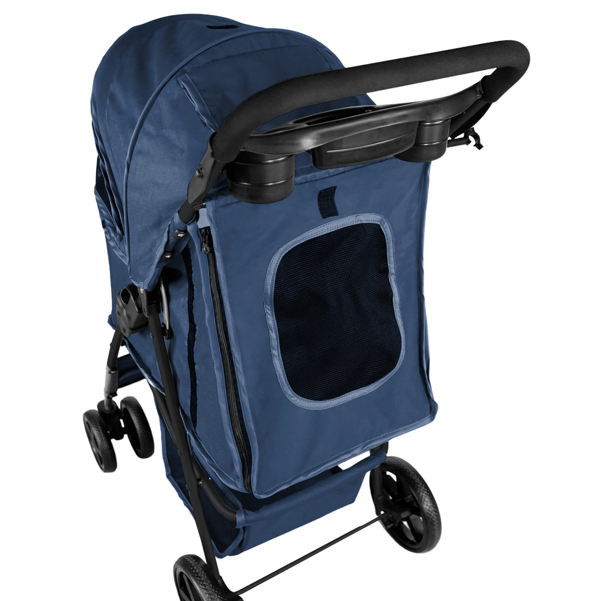 Navy blue pet stroller with rain cover, featuring a spacious cabin, sturdy wheels, and a mesh window for ventilation and visibility
