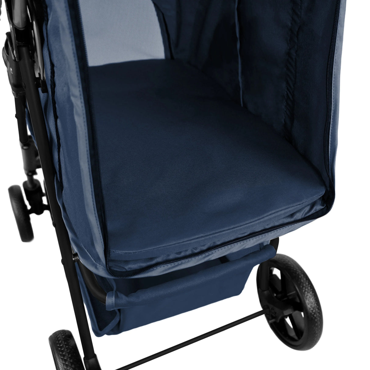 Navy blue pet stroller featuring a spacious interior, soft padded seat, and durable rain cover, designed for comfort and protection