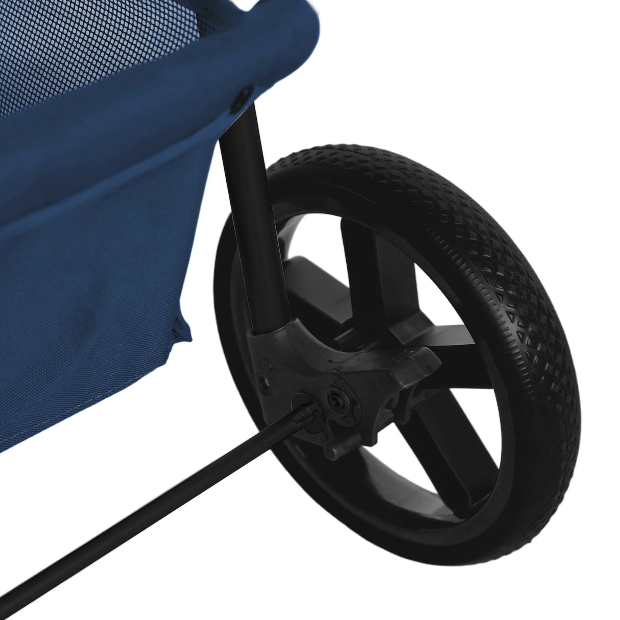 Navy blue pet stroller featuring a durable fabric seat, sturdy black wheels, and a sleek, modern design for comfortable travel