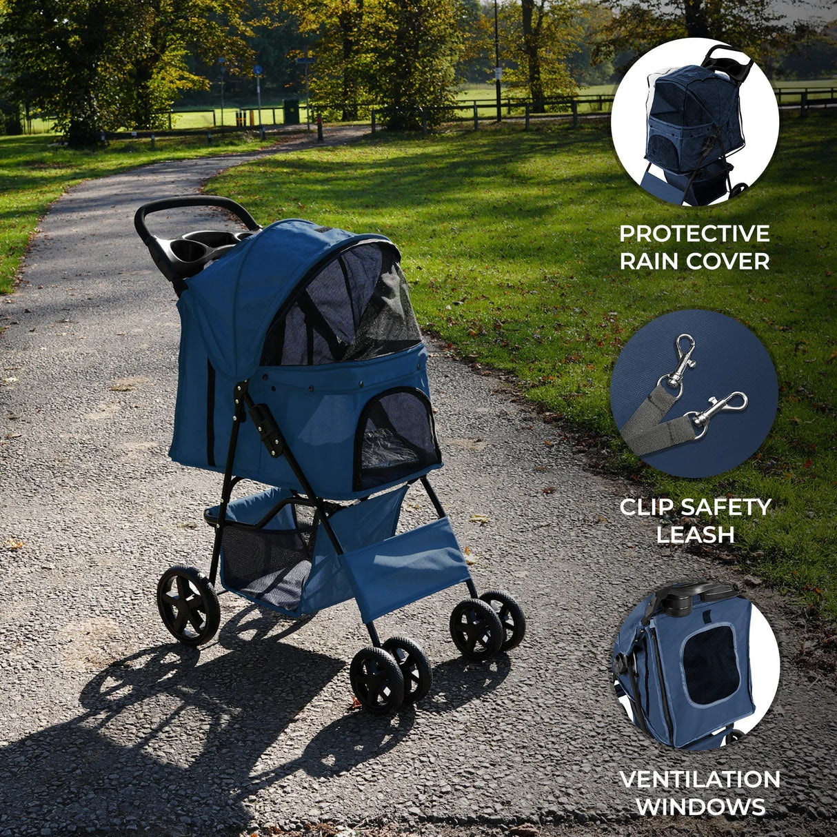 Navy blue pet stroller featuring a protective rain cover, ventilation windows, and a clip safety leash for secure travel
