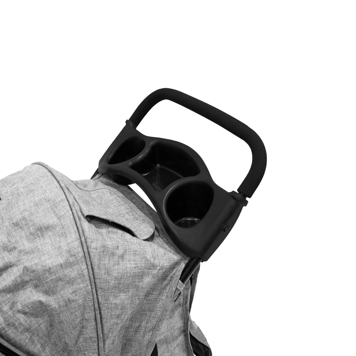 Pet stroller in woven grey fabric featuring a sleek design, cup holder attachment, and durable rain cover for protection