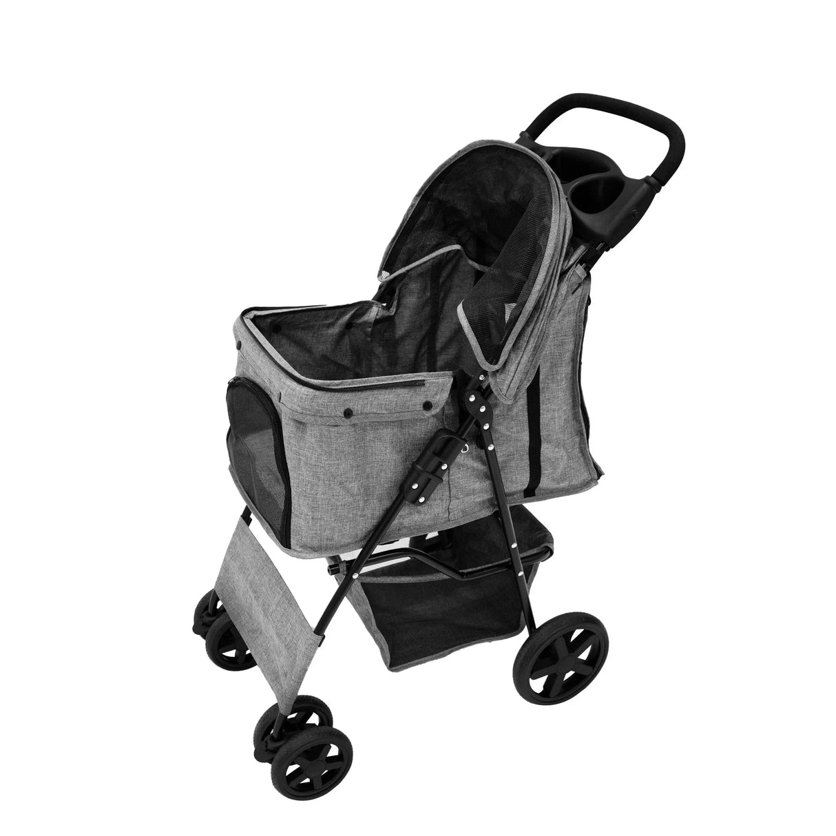 Woven grey pet stroller with rain cover, featuring a spacious interior, sturdy frame, and smooth-rolling wheels for easy maneuverability