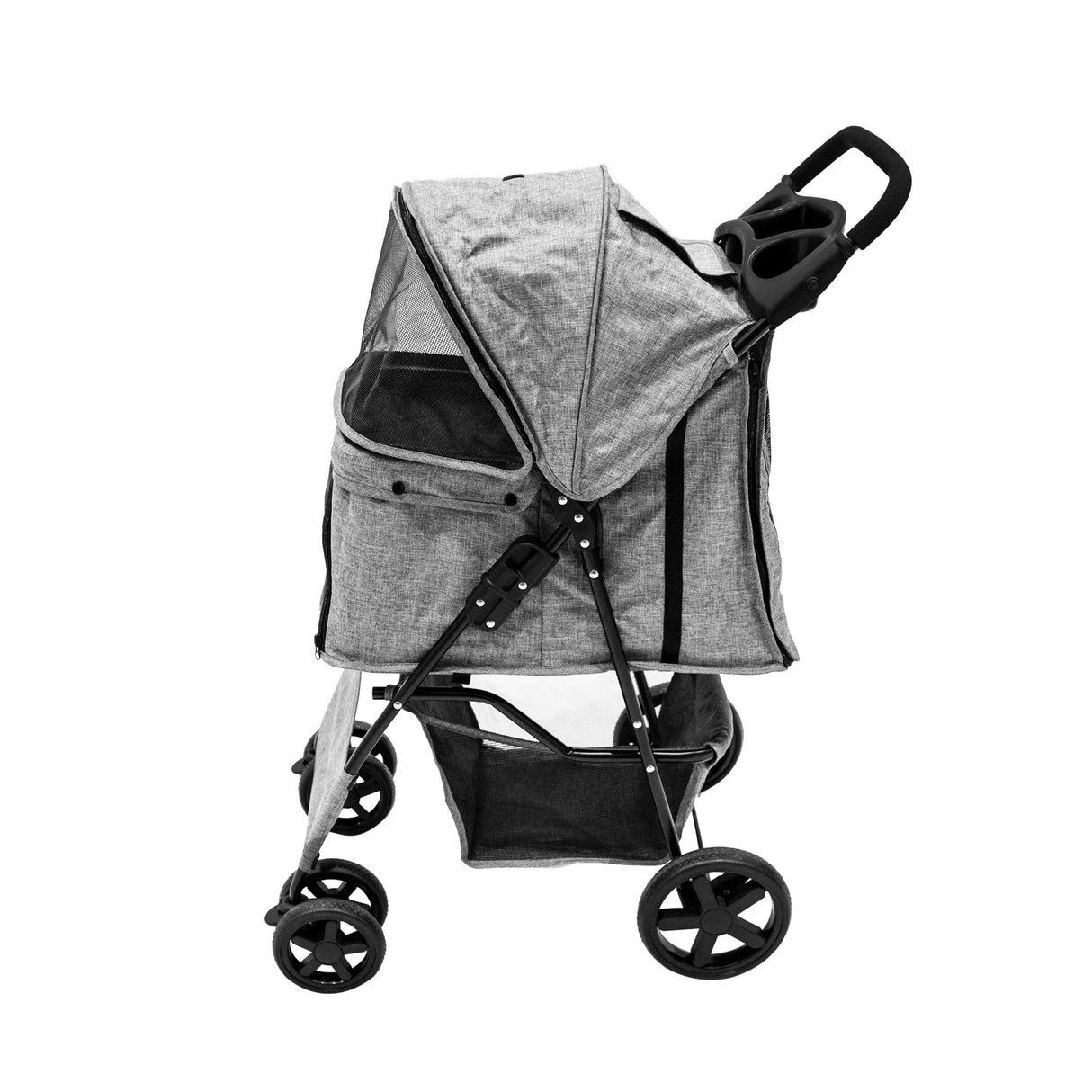 Woven grey pet stroller with rain cover, featuring a spacious mesh enclosure, sturdy wheels, and a convenient storage basket underneath