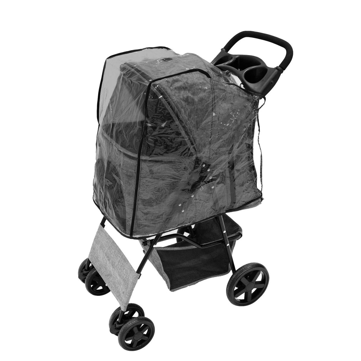 Woven grey pet stroller featuring a clear rain cover, sturdy black frame, and spacious interior for comfortable pet transport