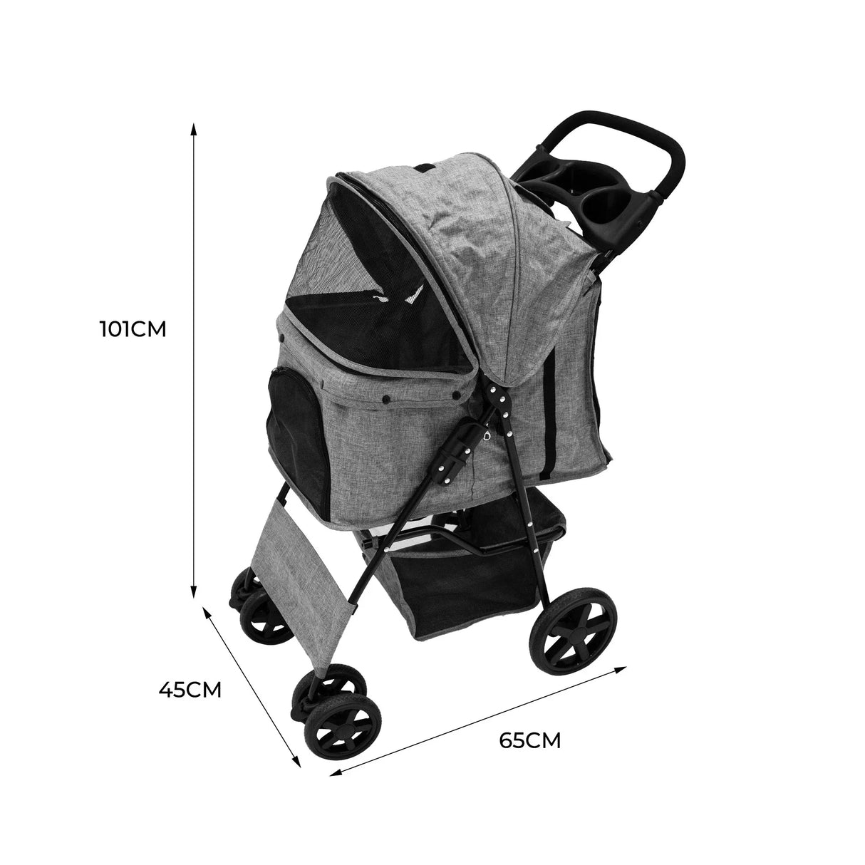 Woven grey pet stroller with rain cover, featuring a spacious cabin, mesh windows, and sturdy wheels for easy maneuverability