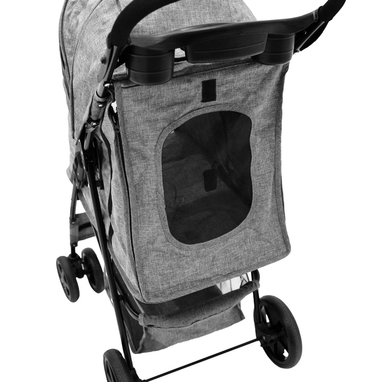 Woven grey pet stroller featuring a rain cover, spacious mesh window, and sturdy wheels for easy maneuverability