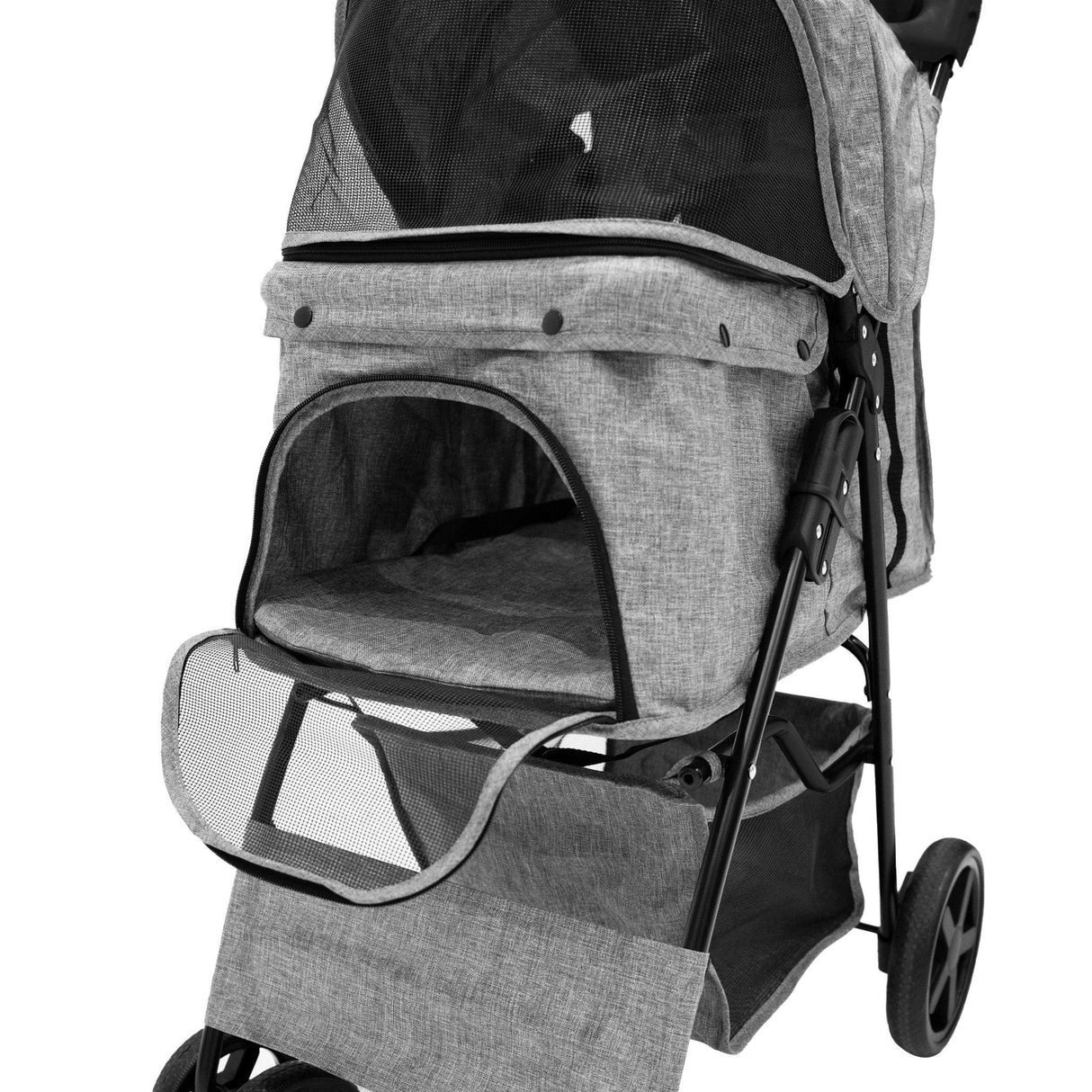 Pet stroller in woven grey fabric featuring a rain cover, mesh windows, and a spacious, comfortable interior for pets