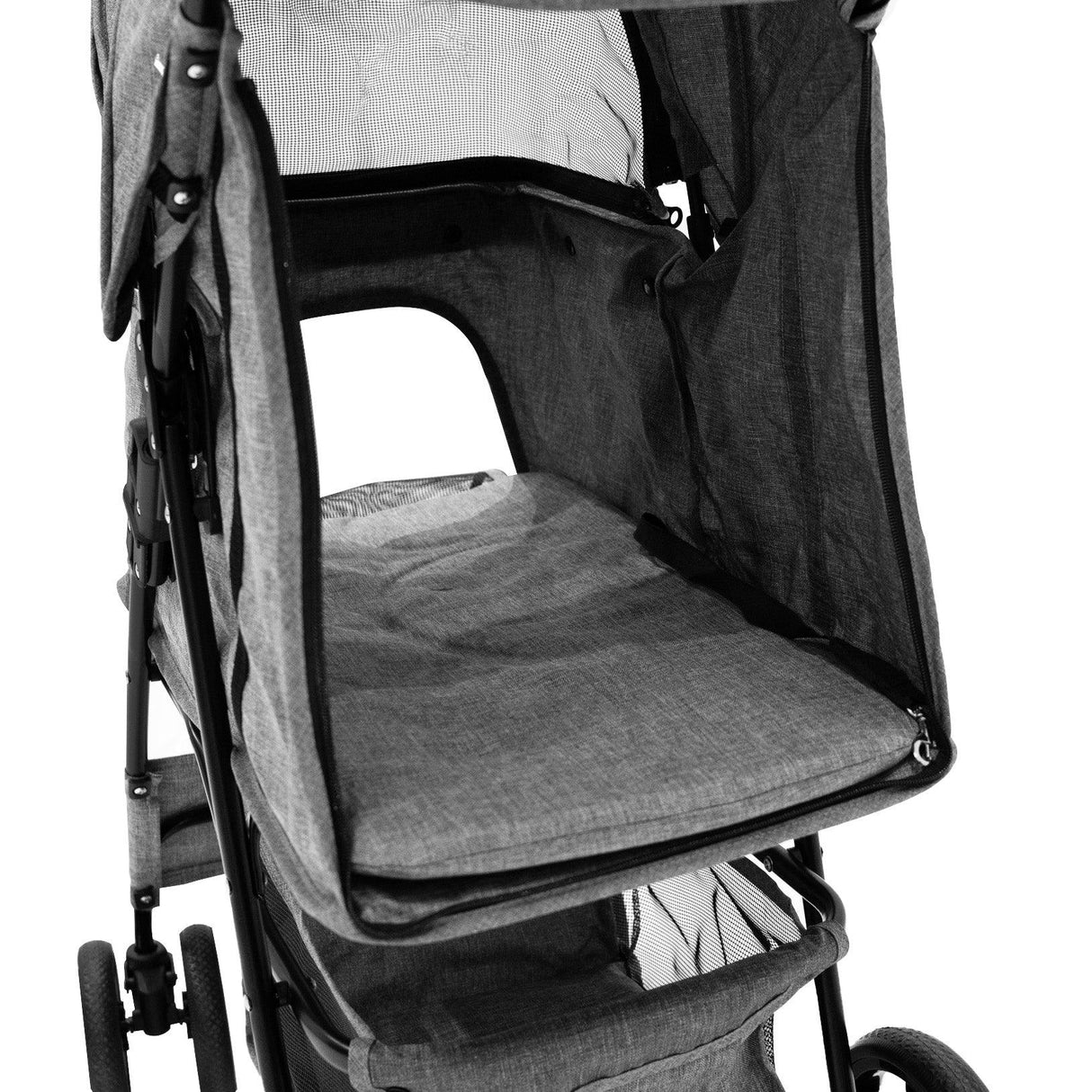 Woven grey pet stroller featuring a spacious interior, mesh ventilation, and a protective rain cover for outdoor comfort