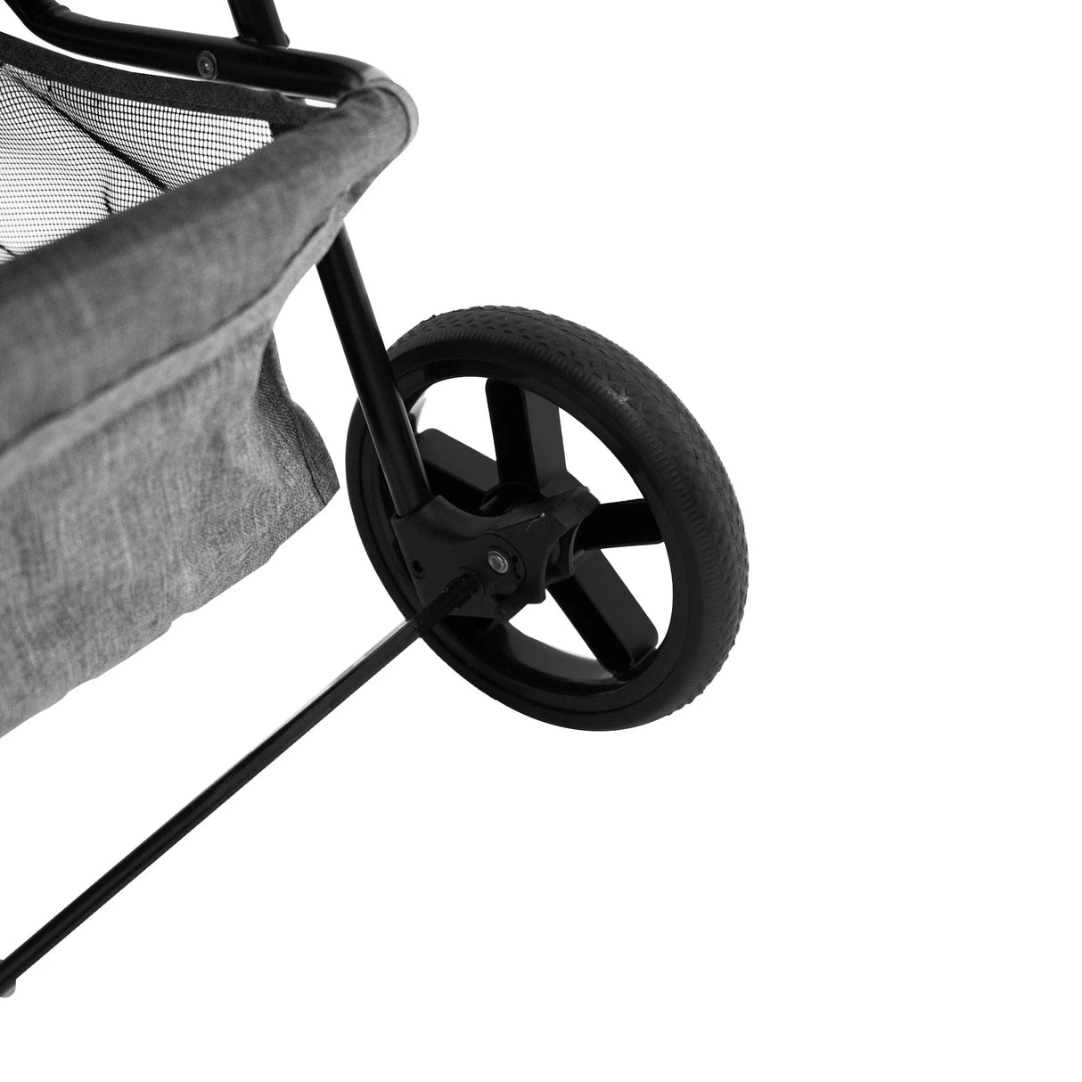Woven grey pet stroller featuring a sturdy black wheel, mesh sides for ventilation, and a sleek, modern design for comfort