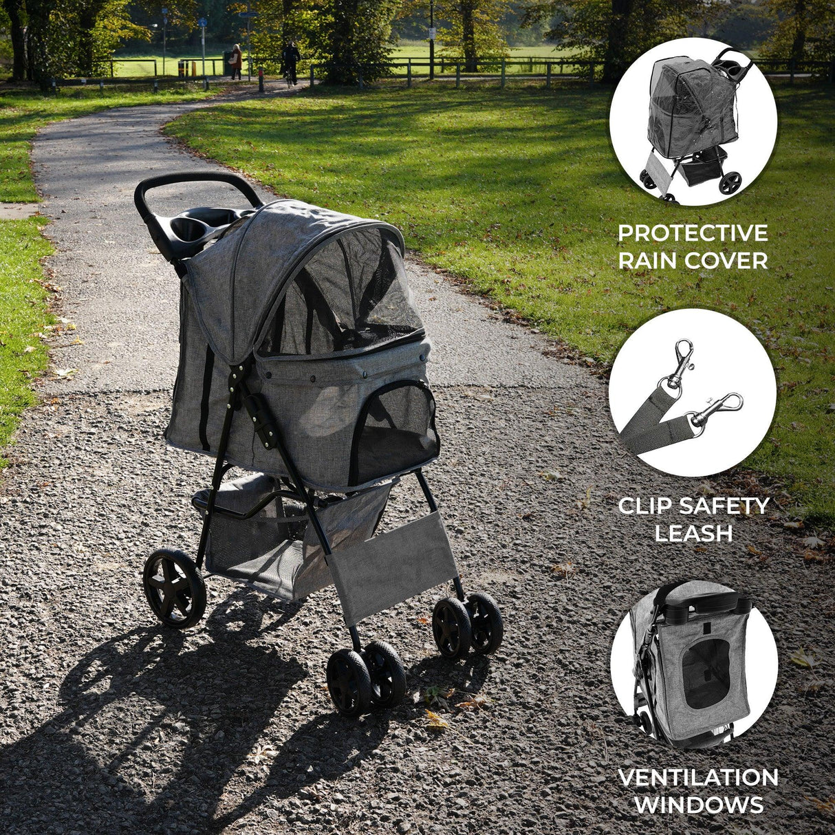 Pet stroller in woven grey with a protective rain cover, featuring ventilation windows, a clip safety leash, and sturdy wheels