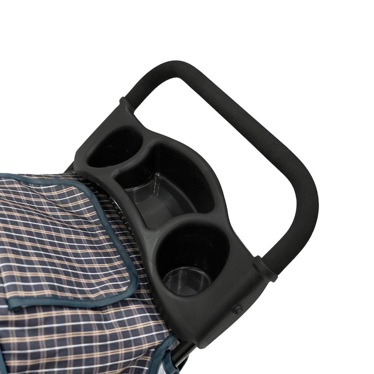 Blue tartan pet stroller handle with cup holders, featuring a soft grip and a spacious storage pocket for convenience
