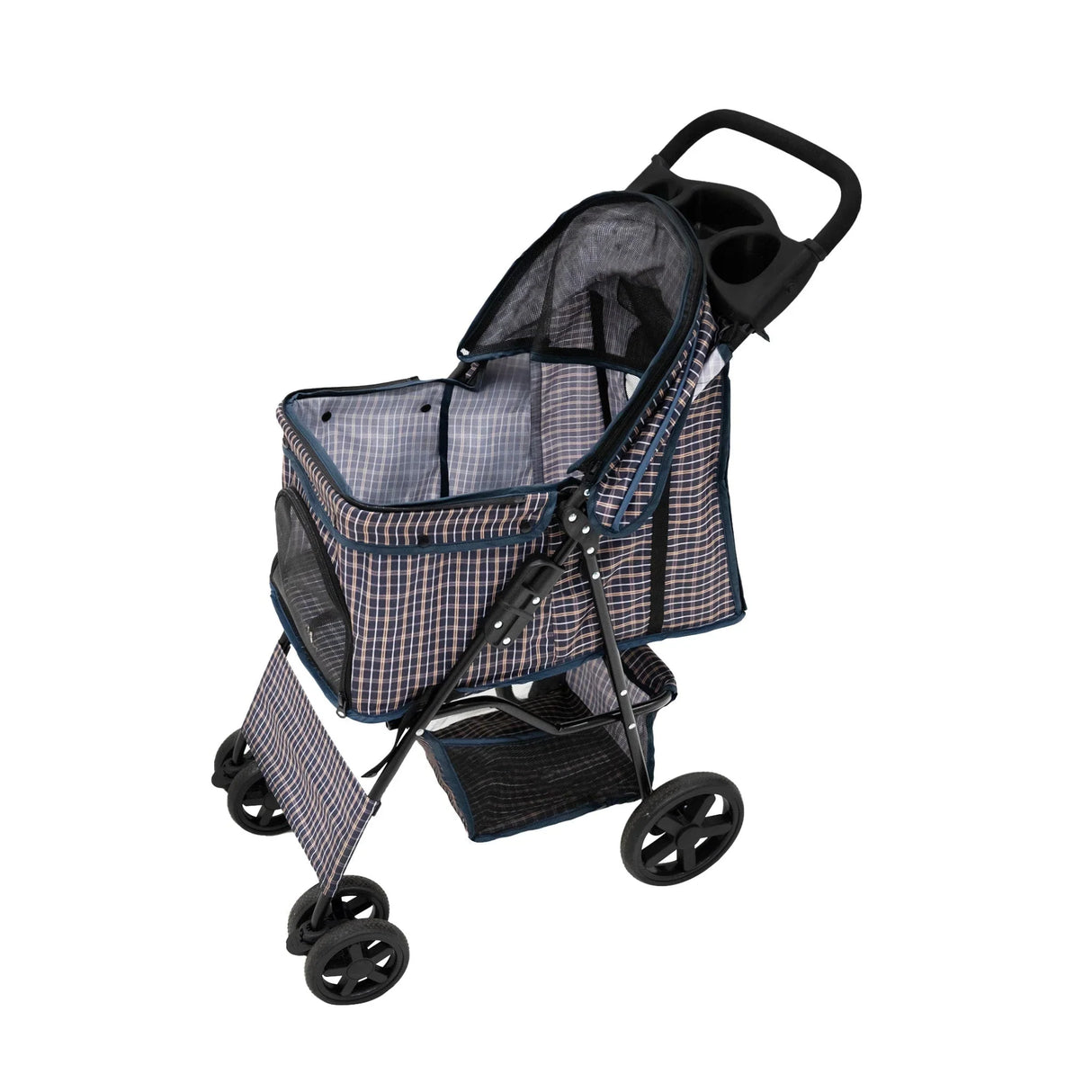Blue tartan pet stroller with a rain cover, featuring a spacious interior, sturdy wheels, and a comfortable handle for easy maneuvering