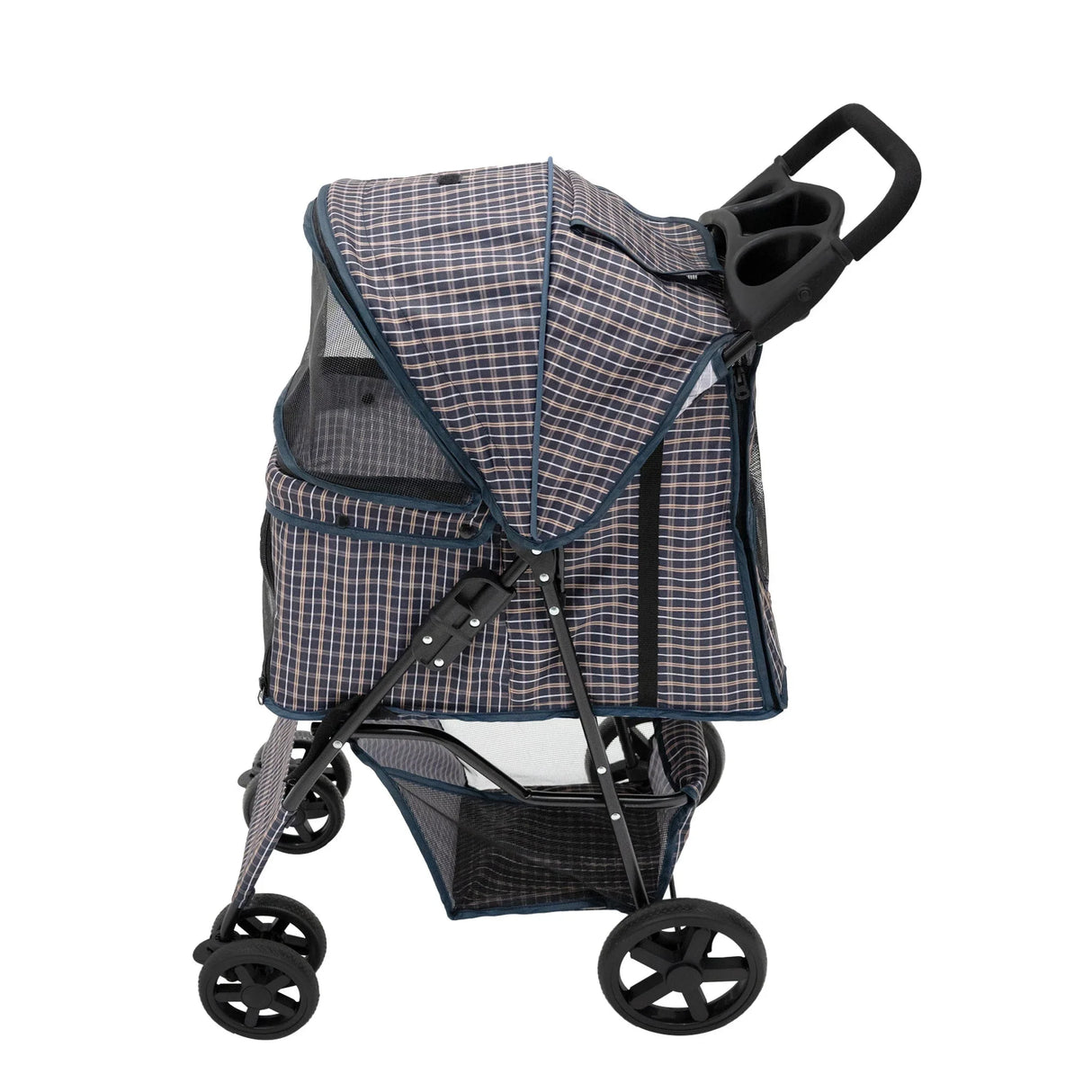 Pet stroller in blue tartan pattern with a rain cover, featuring a sturdy frame, mesh windows, and convenient cup holders