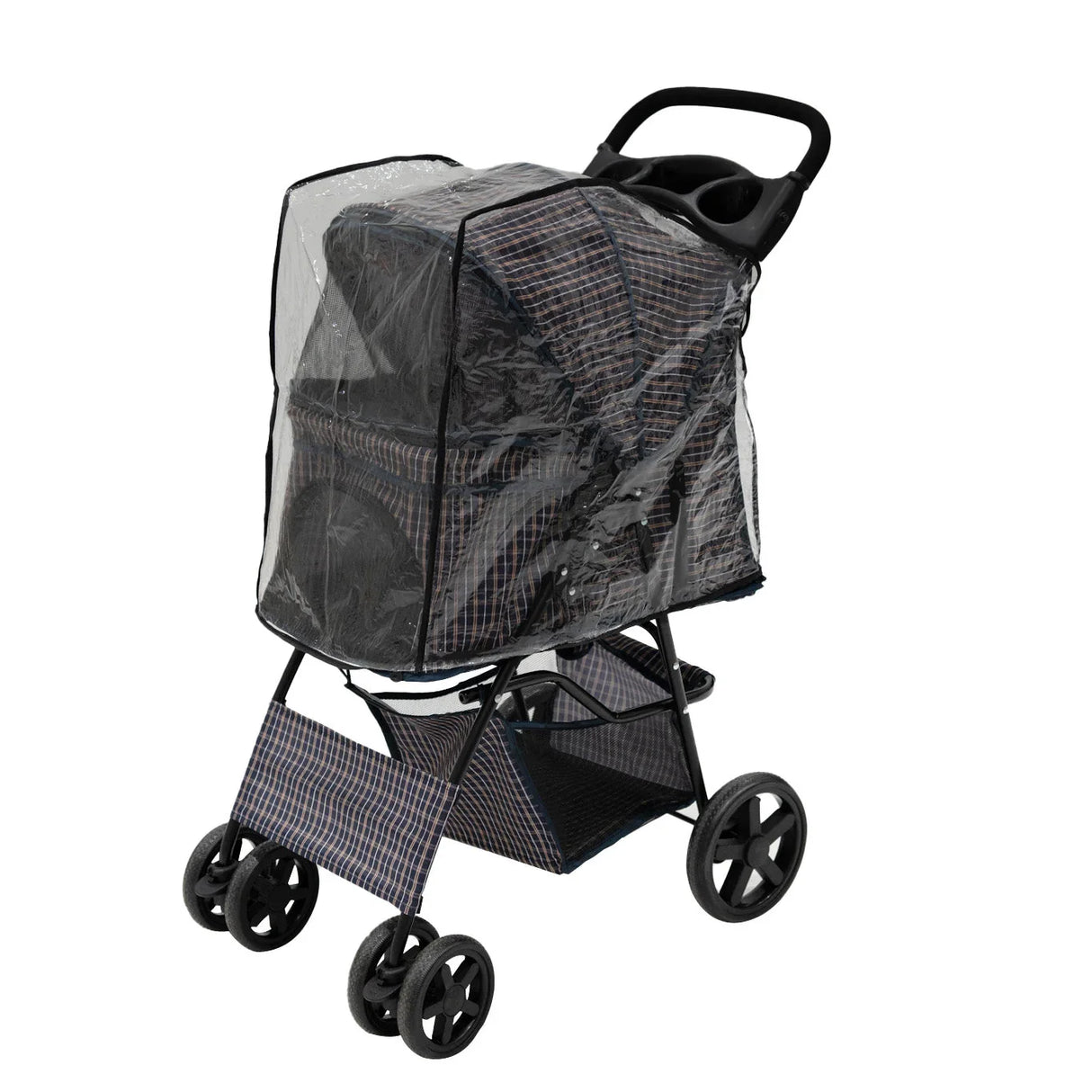 Blue tartan pet stroller with a clear rain cover, featuring a sturdy frame, spacious compartment, and four durable wheels for easy maneuvering