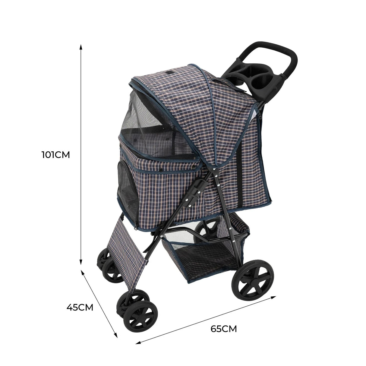 Blue tartan pet stroller with rain cover, featuring mesh panels, sturdy wheels, and a spacious interior for pets