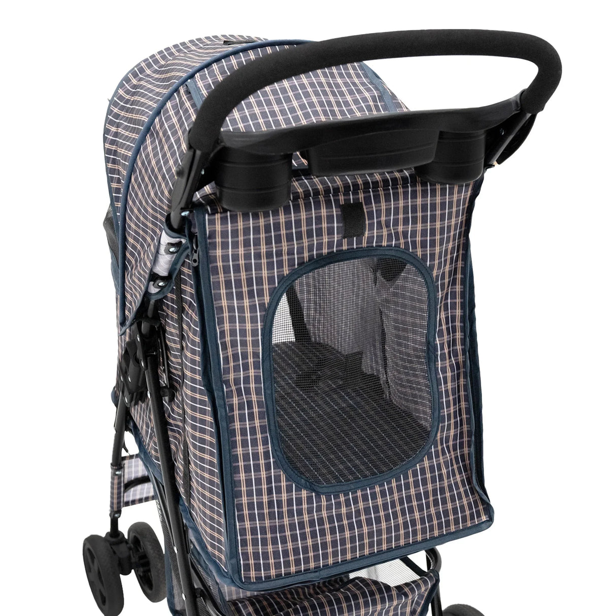 Blue tartan pet stroller featuring a mesh window, sturdy frame, and comfortable handle, ideal for safe outdoor adventures