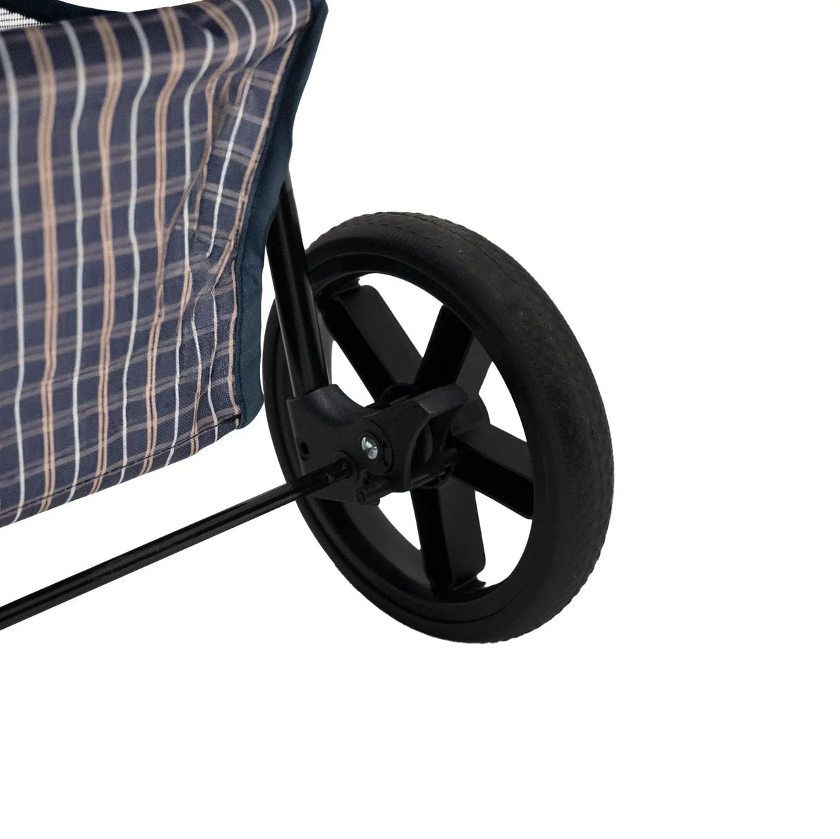 Blue tartan pet stroller featuring a sturdy black wheel, ideal for comfortable outdoor walks with your furry friend