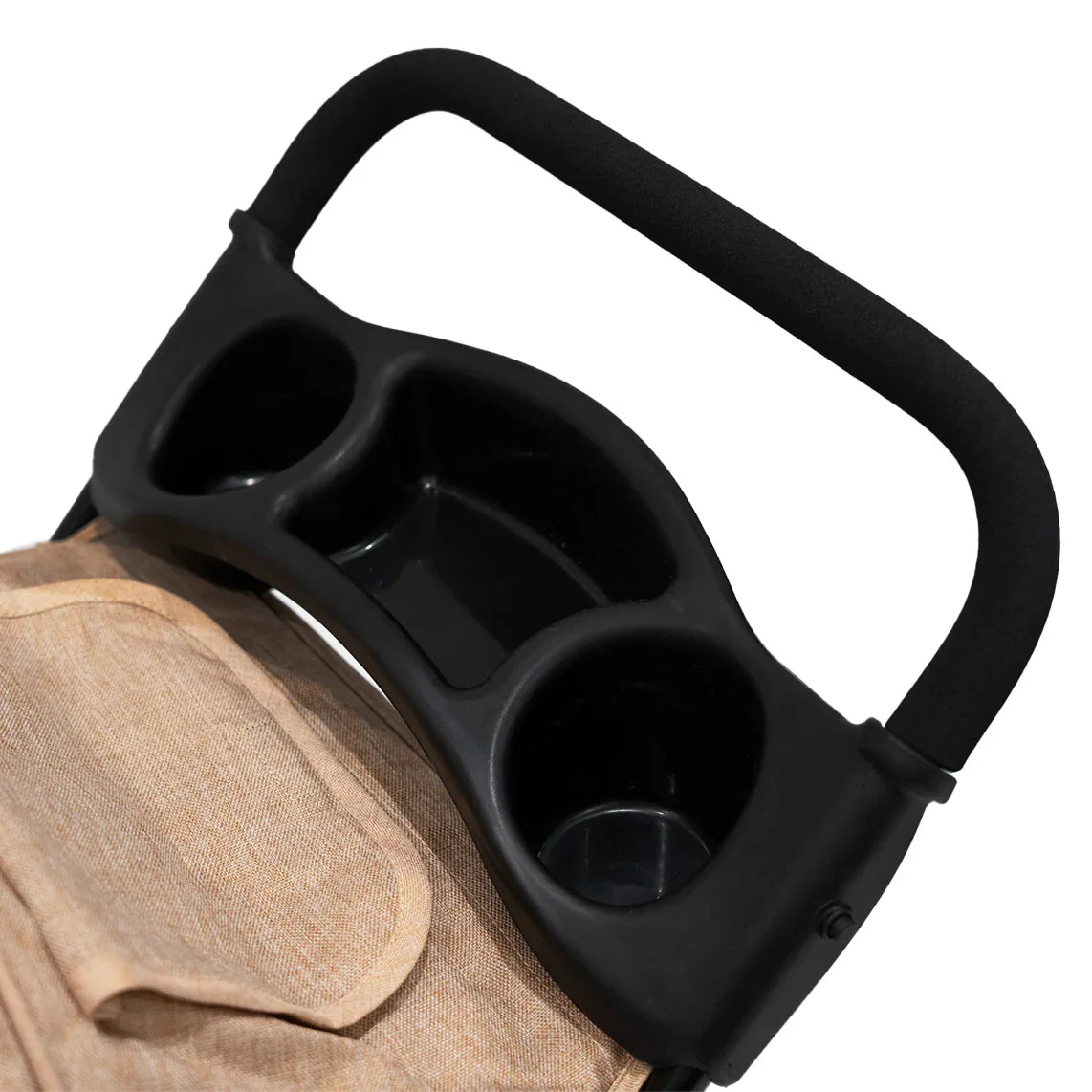 Pet stroller in woven beige with a black handlebar, featuring cup holders and a rain cover for added protection and convenience