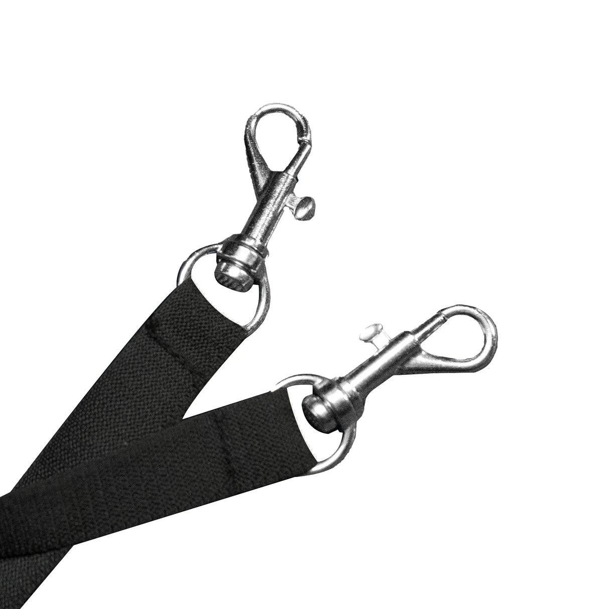 Durable black clips attached to sturdy straps, designed for securing pets in a woven beige pet stroller with rain cover