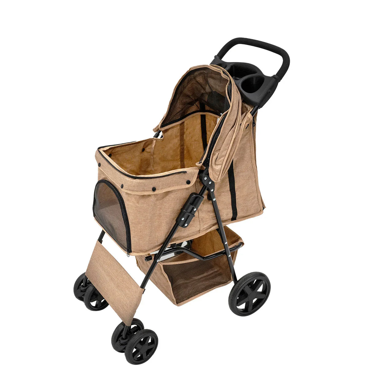 Woven beige pet stroller with rain cover, featuring a spacious interior, sturdy frame, and smooth-rolling wheels for easy maneuverability