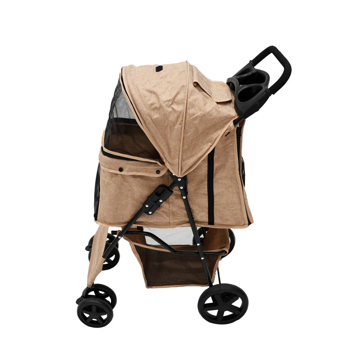 Woven beige pet stroller featuring a rain cover, mesh panels for ventilation, and a sturdy black frame with large wheels